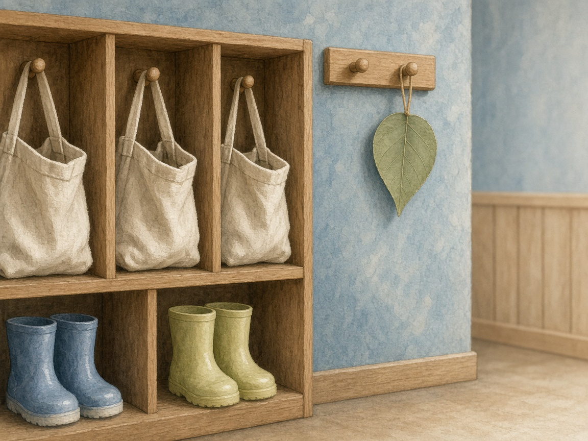 Cubbies, boots, and a paper leaf on a peg