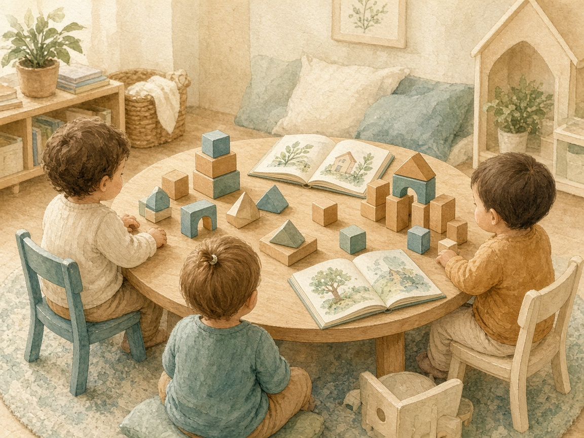 Children at a low table with blocks